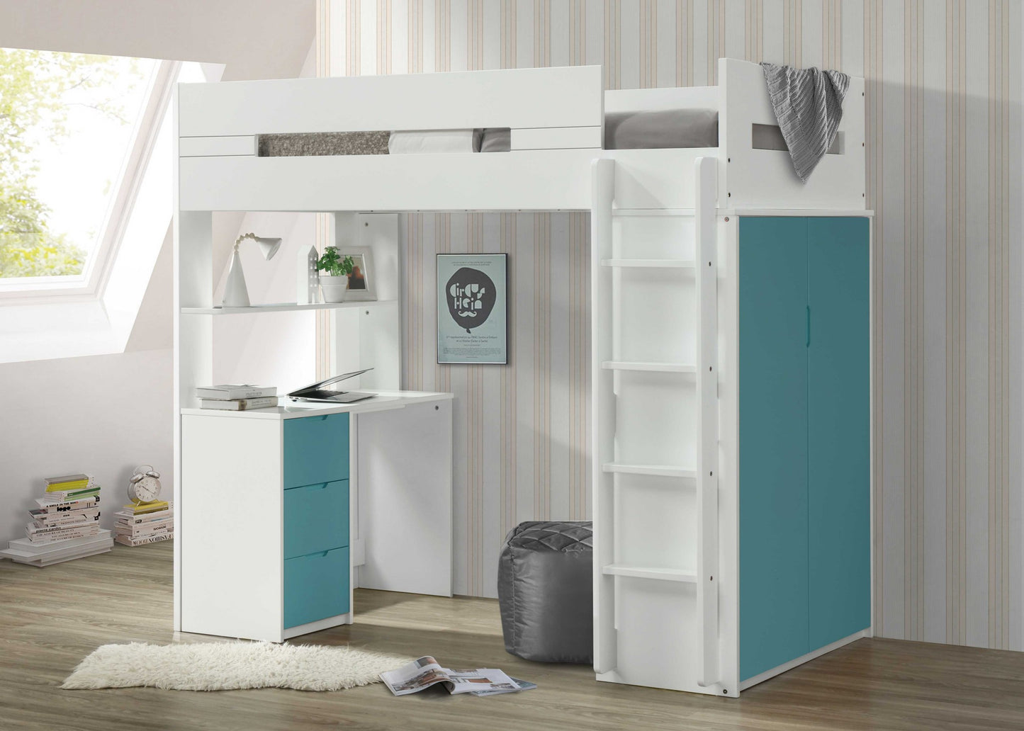 White And Teal Twin Loft Bed And Desk-3