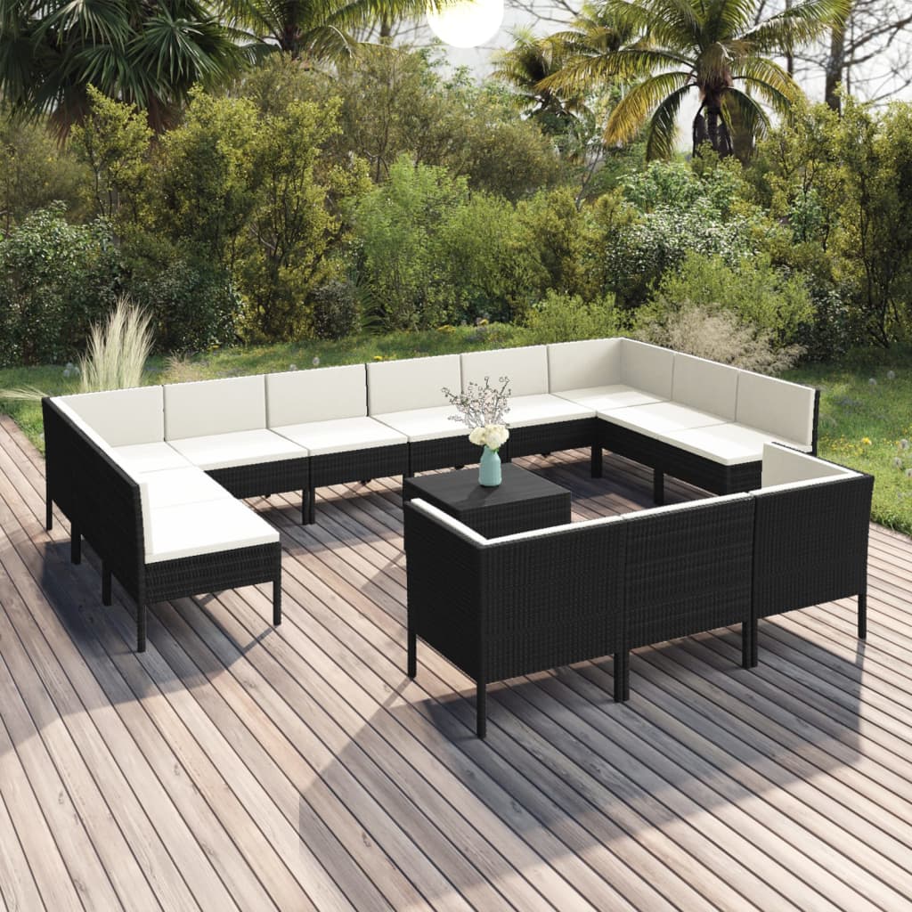 vidaXL 14 Piece Patio Lounge Set with Cushions Poly Rattan Black-0