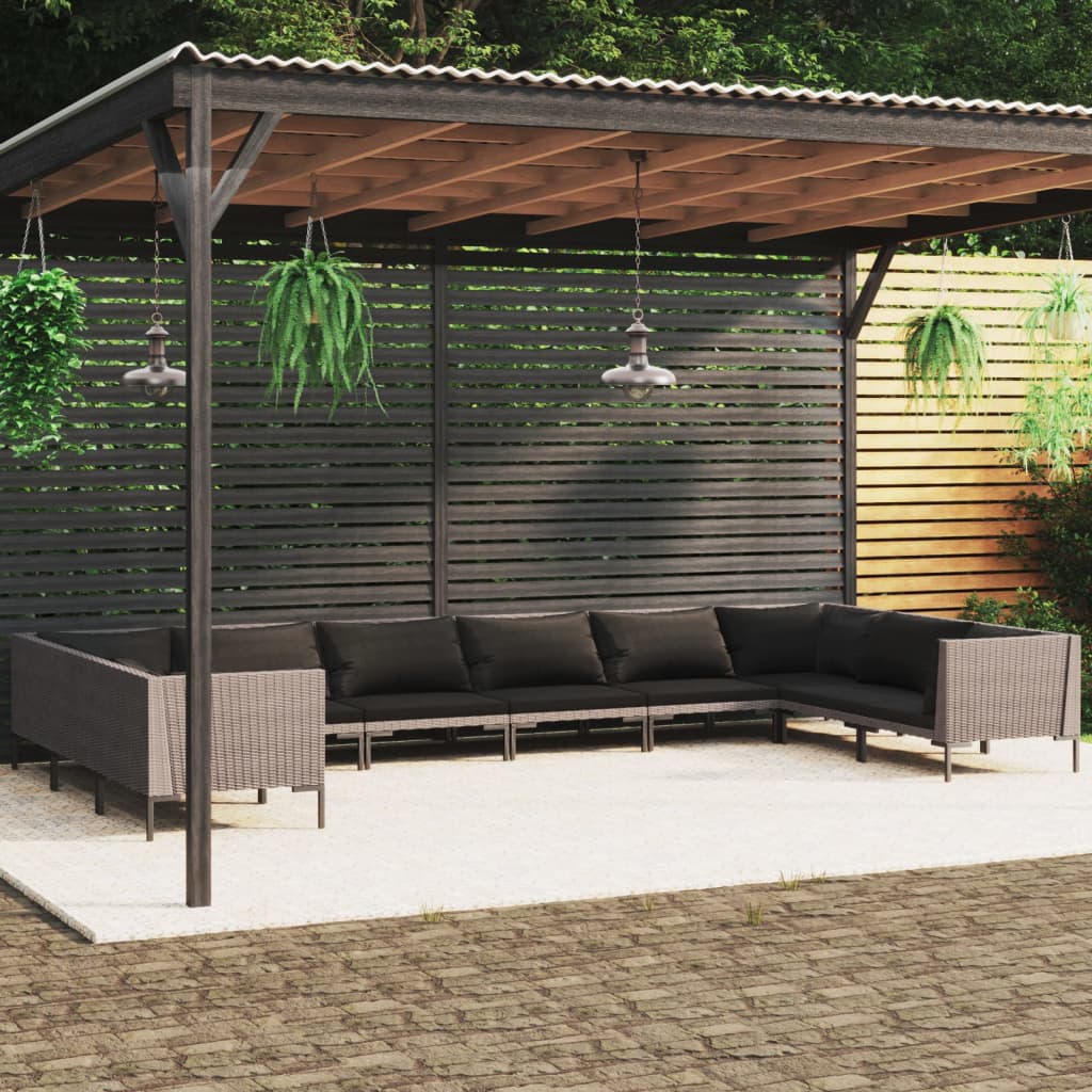 vidaXL 10 Piece Patio Lounge Set with Cushions Poly Rattan Dark Gray-0