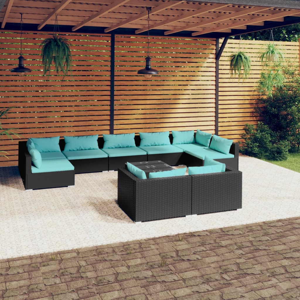 vidaXL 10 Piece Patio Lounge Set with Cushions Black Poly Rattan-0