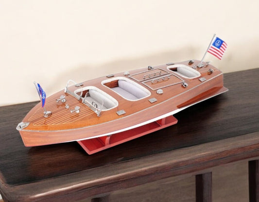 10" Wood Brown Solid Wood Hand Painted Model Boat Tabletop Sculpture-0