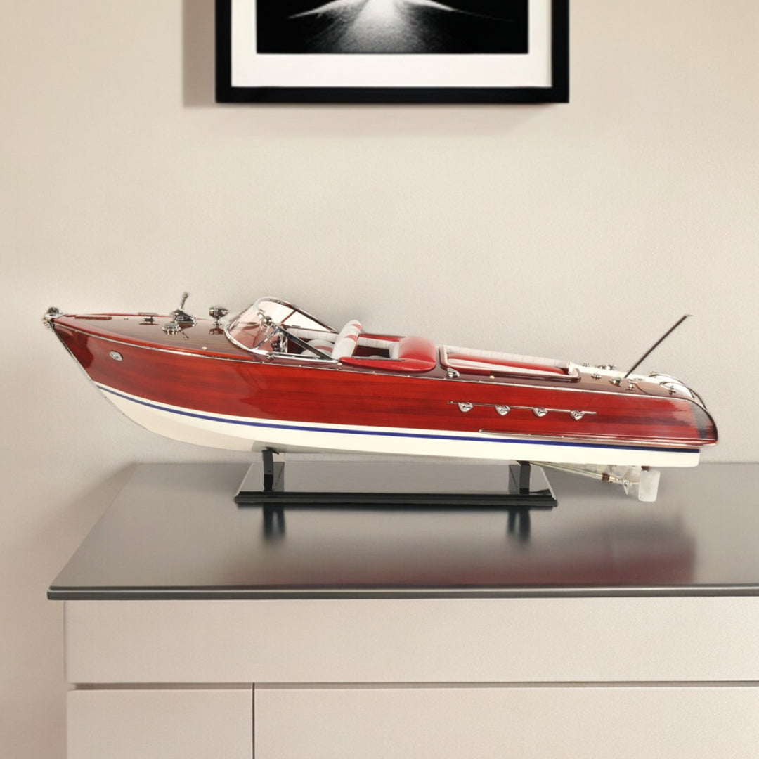 10" Red White And Brown Manufactured Wood Hand Painted Decorative Boat-0