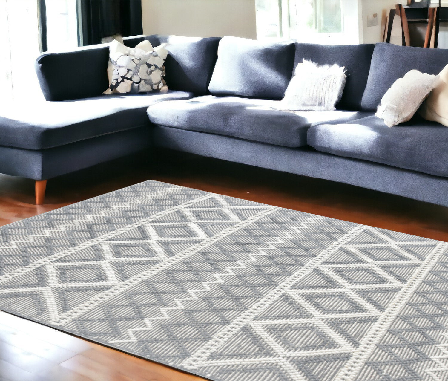 9' X 13' Gray Ivory Diamonds Boho Chic Area Rug-0