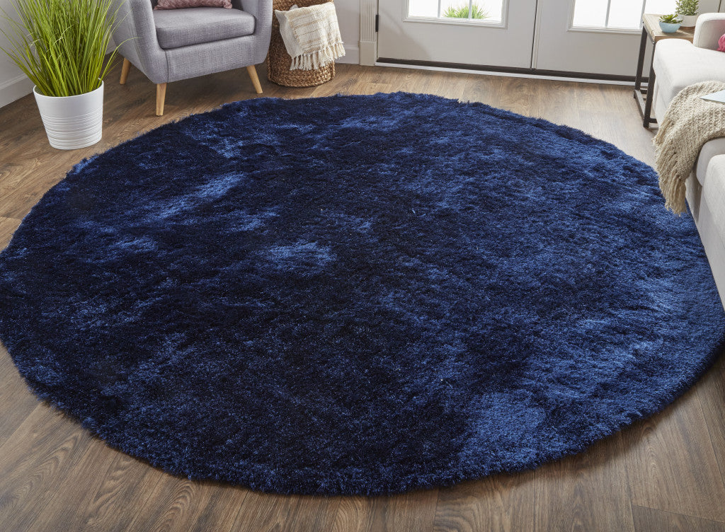 10' Blue And Black Round Shag Tufted Handmade Area Rug-3