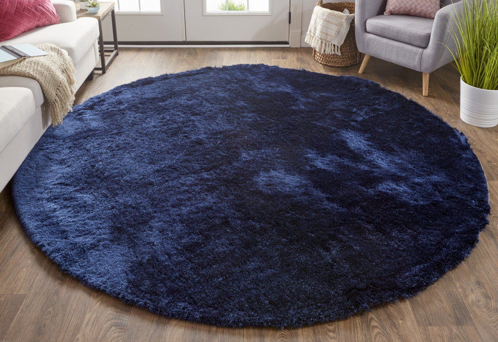 10' Blue And Black Round Shag Tufted Handmade Area Rug-4