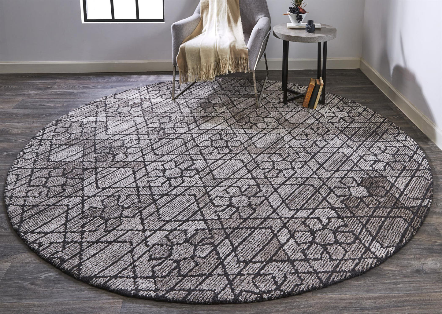 10' Black and Taupe Round Wool Paisley Hand Tufted Area Rug-3