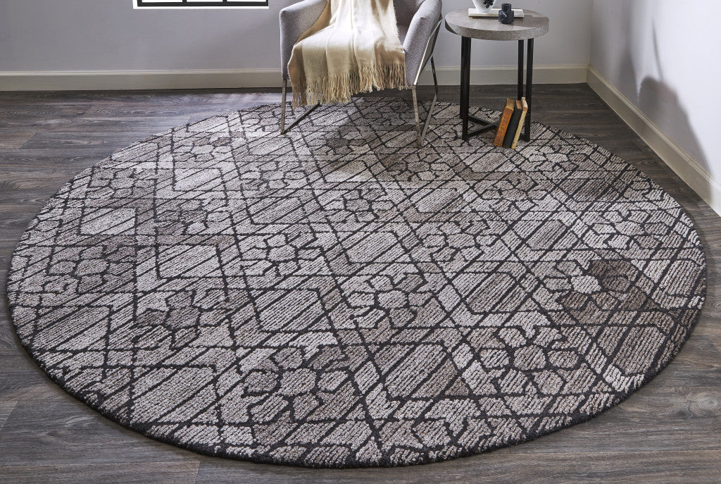 10' Black and Taupe Round Wool Paisley Hand Tufted Area Rug-4