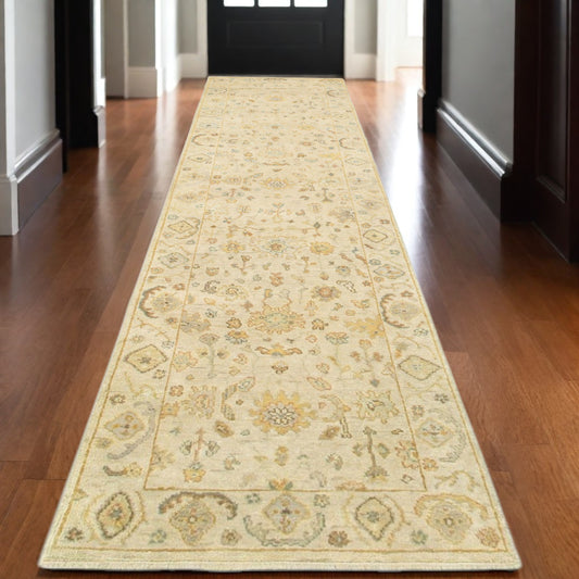10' Beige And Gray Wool Oriental Hand Knotted Runner Rug-0