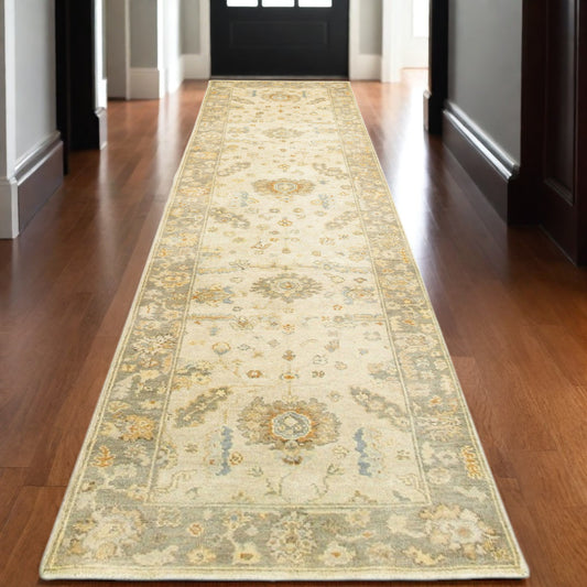 10' Beige And Gray Wool Oriental Hand Knotted Runner Rug-0