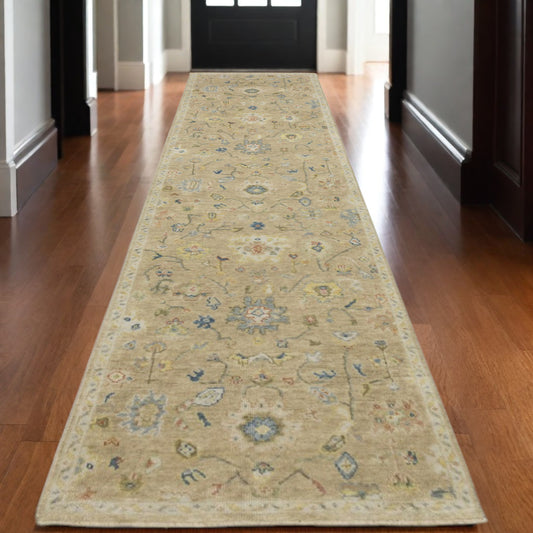 10' Beige Blue And Ivory Wool Oriental Hand Knotted Runner Rug With Fringe-0