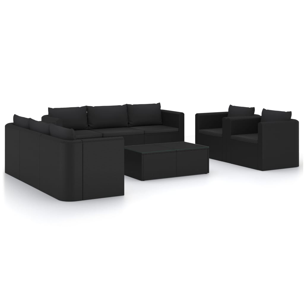 vidaXL 10 Piece Patio Lounge Set with Cushions Poly Rattan Black-0