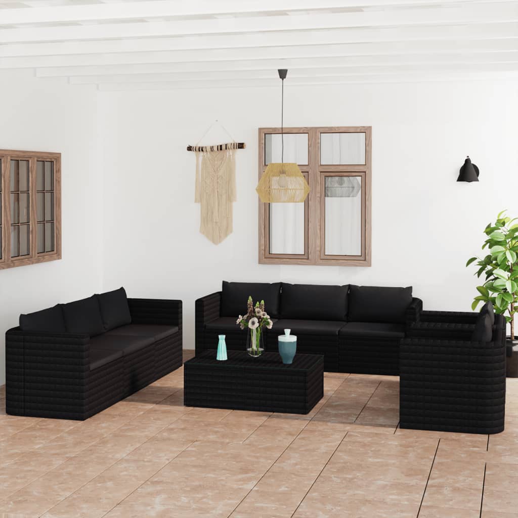 vidaXL 10 Piece Patio Lounge Set with Cushions Poly Rattan Black-3