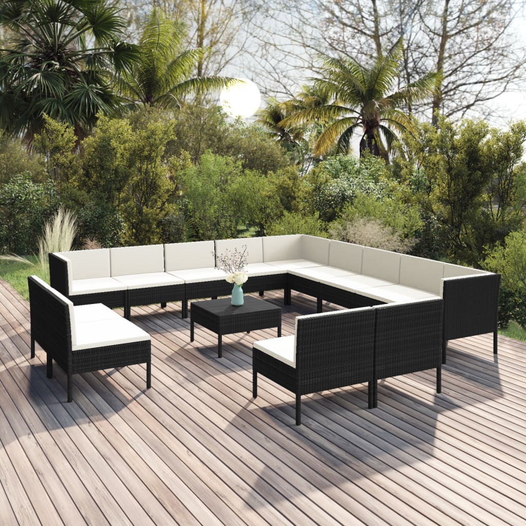 vidaXL 14 Piece Patio Lounge Set with Cushions Poly Rattan Black-0