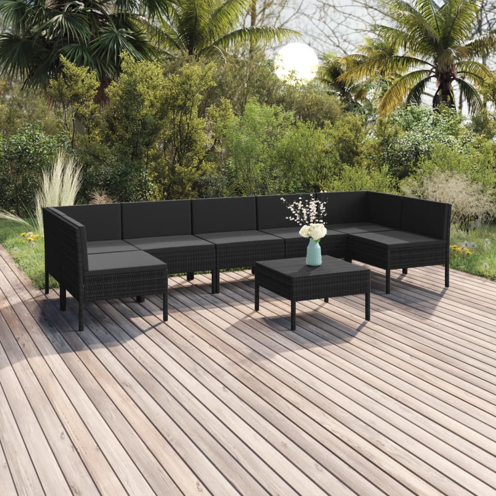 vidaXL 8 Piece Patio Lounge Set with Cushions Poly Rattan Black-0