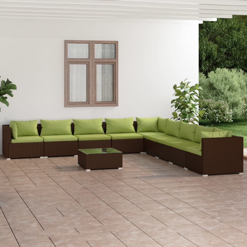 vidaXL 10 Piece Patio Lounge Set with Cushions Poly Rattan Brown-0