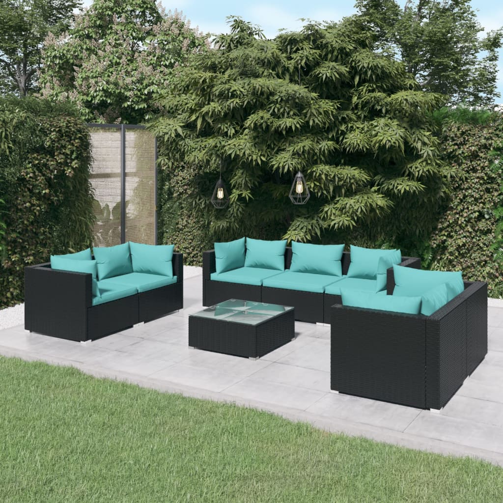 vidaXL 8 Piece Patio Lounge Set with Cushions Poly Rattan Black-2