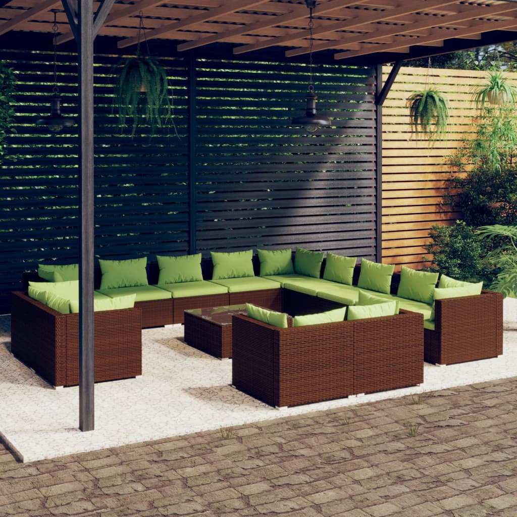 vidaXL 14 Piece Patio Lounge Set with Cushions Brown Poly Rattan-0
